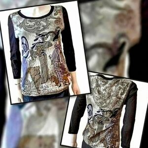 All Over MGM Print 3/4 Sleeve Sheer Arm Mesh. Longsleeve Dames & Dogs. L